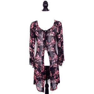 Angie Boho Floral Print Lace-Up Open Front Sheer Tunic Top Black Pink Size Med…
